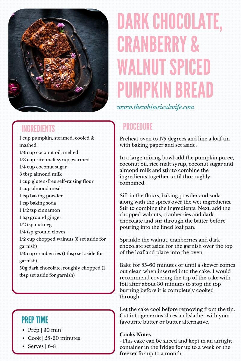 30 Cakes In 30 Days | 4. Dark Chocolate, Cranberry & Walnut Spiced Pumpkin Bread {GF, DF, Vegan} | The Whimsical Wife